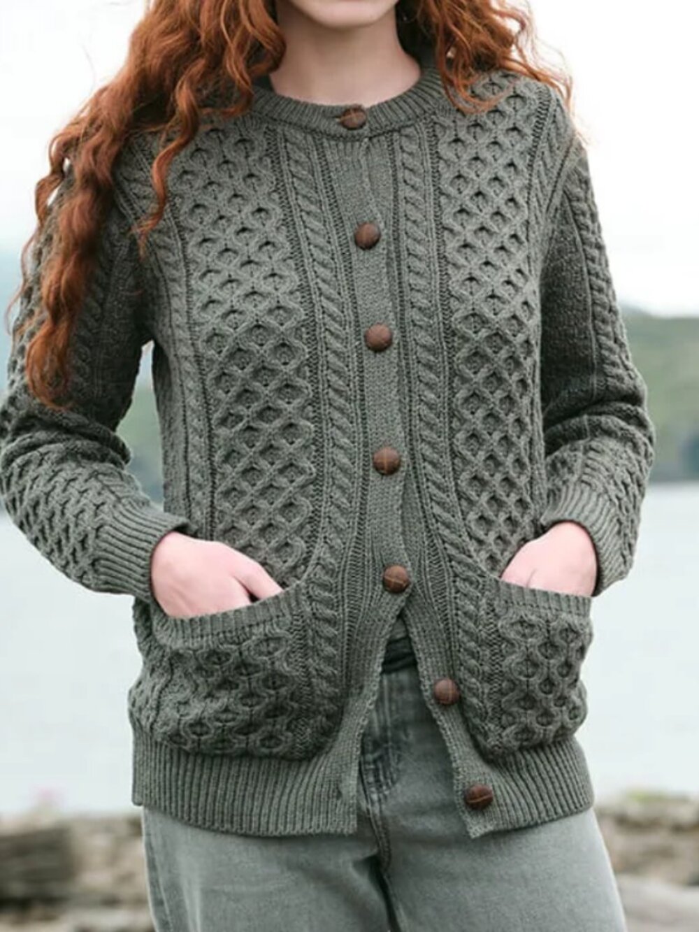 Aran Crafts, The Banna Aran Cardigan,Size Small, Color Thundra. 100% Merino Wool